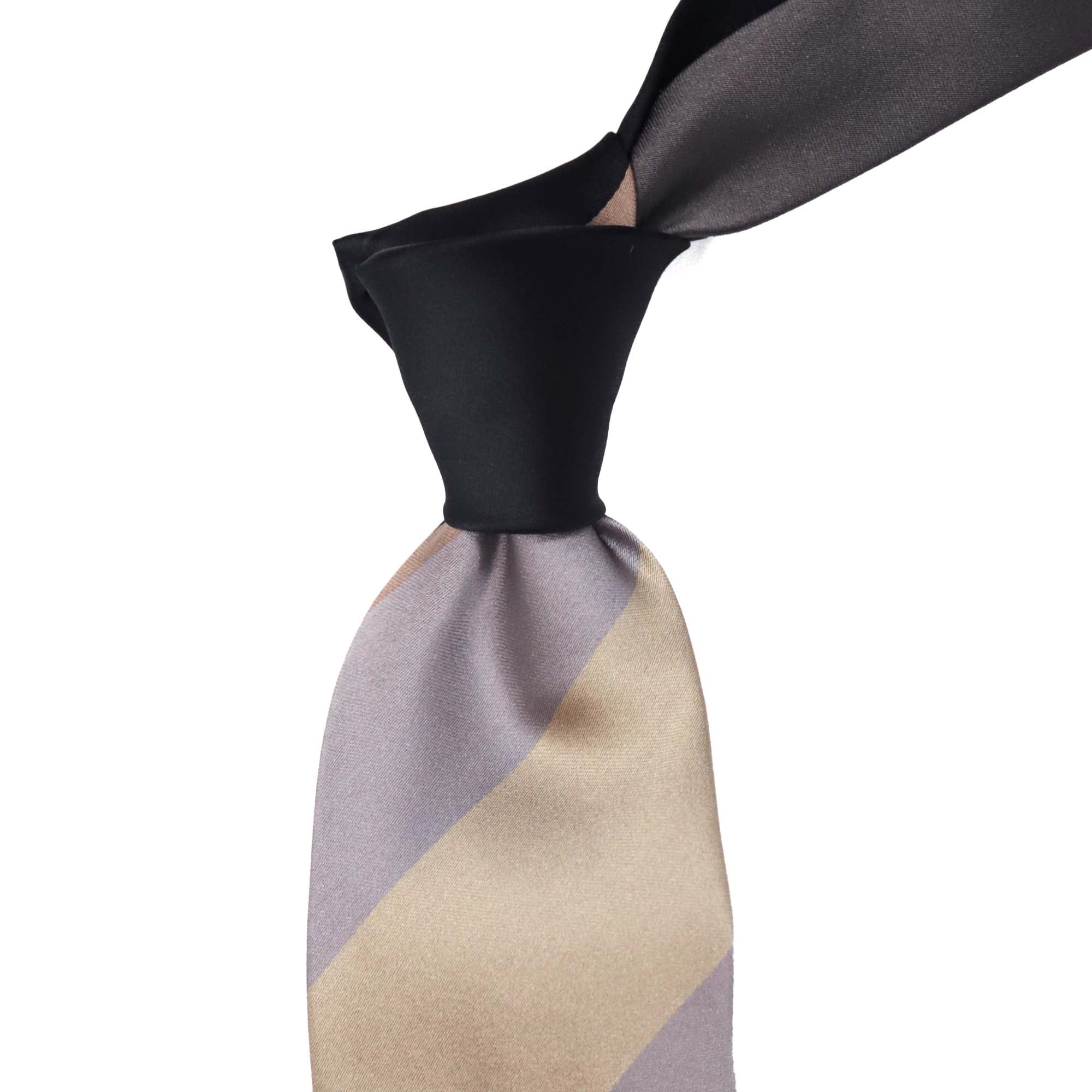 Stefano Cau PANEL DOUBLE STRIPE SATIN TIE - Dark Brown / Brown / Beige