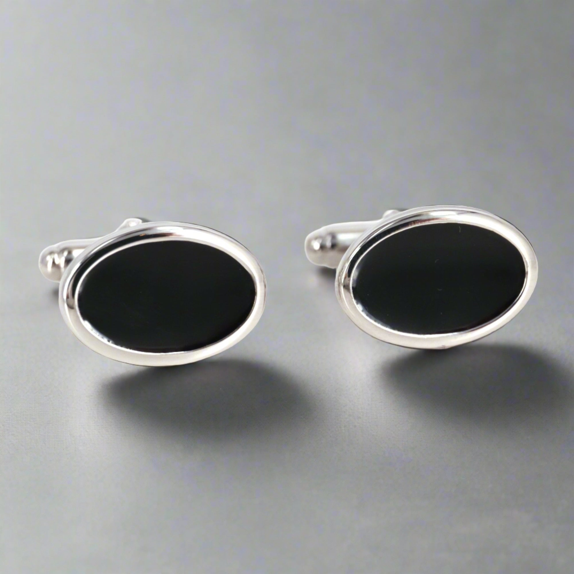 Silver Oval Cufflinks with Black Enamel