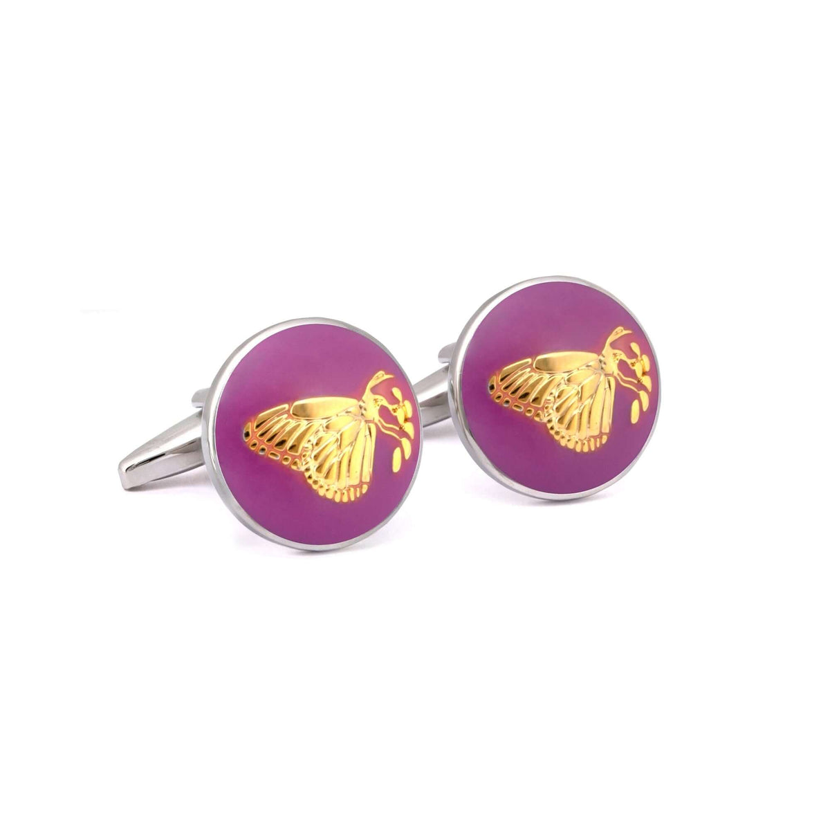 Botanic Series - Round Gold Butterfly Cufflinks in Purple-Cufflinks.com.sg